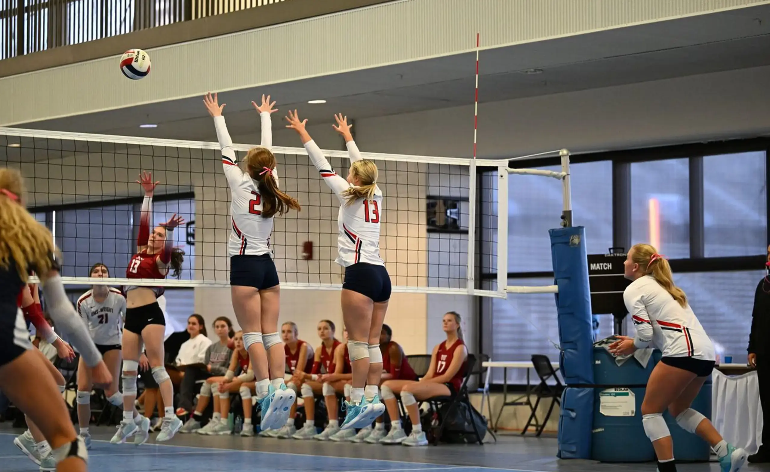 A volleyball game in action